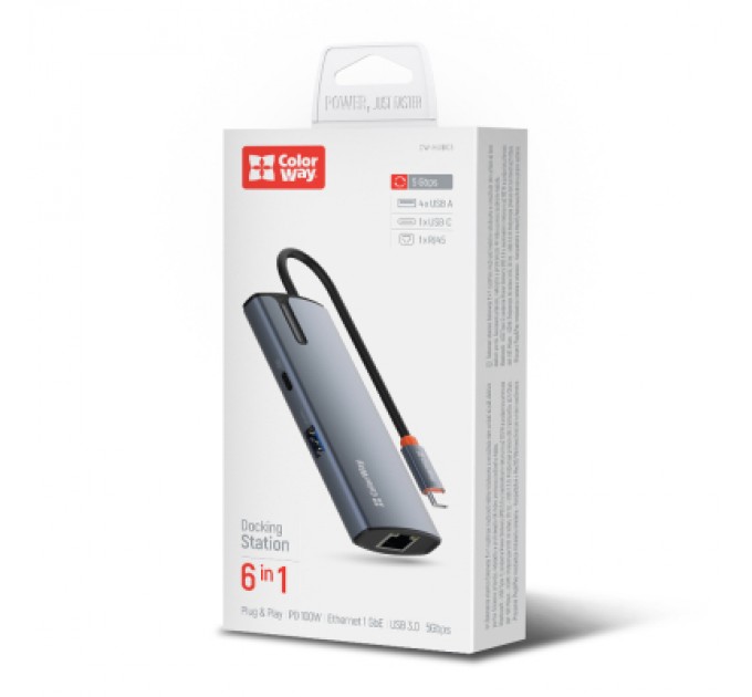 ColorWay Порт-реплікатор ColorWay Docking Station USB-C 6-в-1 Type C PD 100W/USB3.0х3/USB2.0/RJ45 (CW-HUB03)