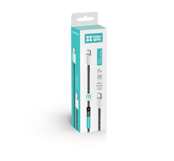 ColorWay Кабель ColorWay USB Type-C - Lightning (M/M), (braided cotton) (PD Fast Charging 27W), 2 м, Black (CW-CBPDCL068-BK)