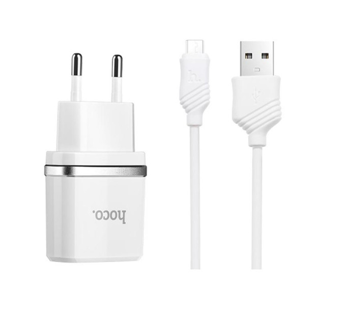 HOCO Мережевий зарядний пристрій Hoco C12 (2USB, 2.4А) White (C12MW) + кабель MicroUSB