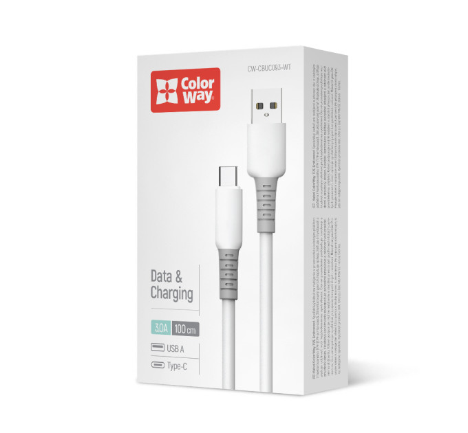 ColorWay Кабель ColorWay USB - USB Type-C (M/M), liquid silicone, 3А, 1 м, White (CW-CBUC093-WT)