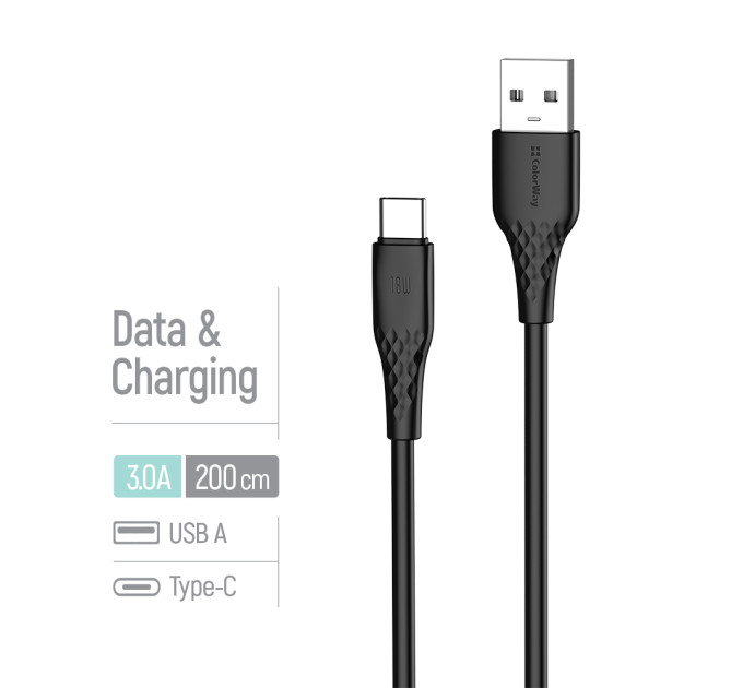 ColorWay Кабель ColorWay USB - USB Type-C (M/M), textured PVC, 3А, 2 м, Black (CW-CBUC095-BK)