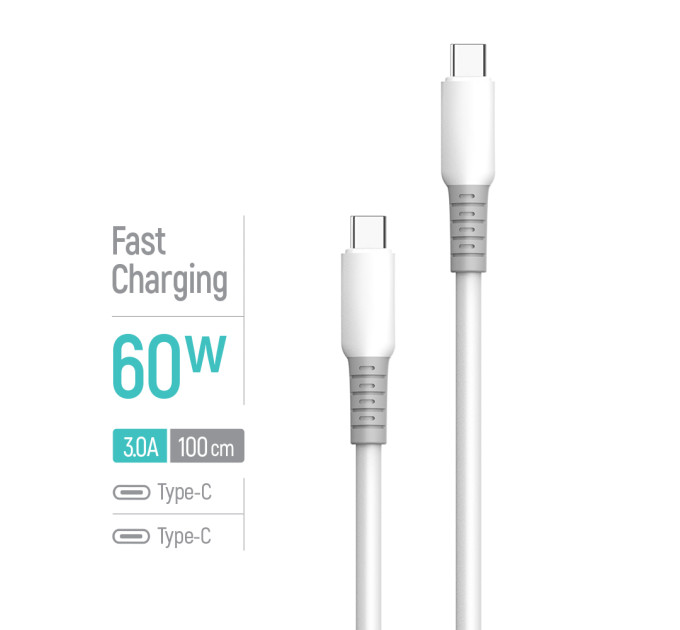 ColorWay Кабель ColorWay USB Type-C - USB Type-C (M/M), liquid silicone, 3А, 1 м, White (CW-CBPDCC093-WT)