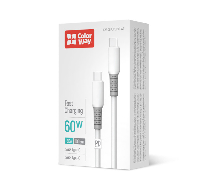 ColorWay Кабель ColorWay USB Type-C - USB Type-C (M/M), liquid silicone, 3А, 1 м, White (CW-CBPDCC093-WT)