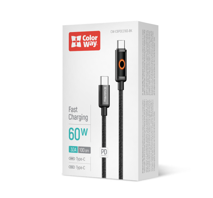ColorWay Кабель ColorWay USB Type-C - USB Type-C (M/M), Breathing Light, 3А, 1 м, Black (CW-CBPDCC103-BK)