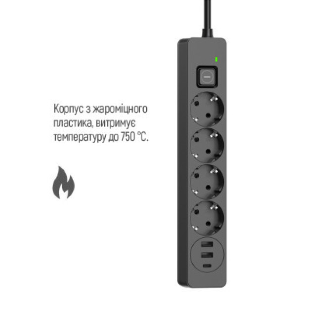ColorWay Мережевий фільтр живлення ColorWay CW-CHE432PDB, 4 розетки/3USB 2M (CW-CHE432PDB)