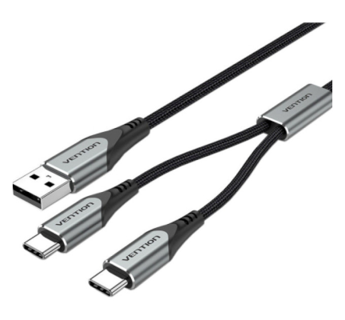 Vention Дата кабель USB 2.0 AM to 2хUSB-C M 1.0m Y-Splitter Charging Cable 2.4А 480Mbps Aluminum Al Vention (CQOHF)
