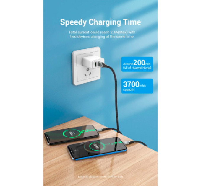 Vention Дата кабель USB 2.0 AM to 2хUSB-C M 1.0m Y-Splitter Charging Cable 2.4А 480Mbps Aluminum Al Vention (CQOHF)
