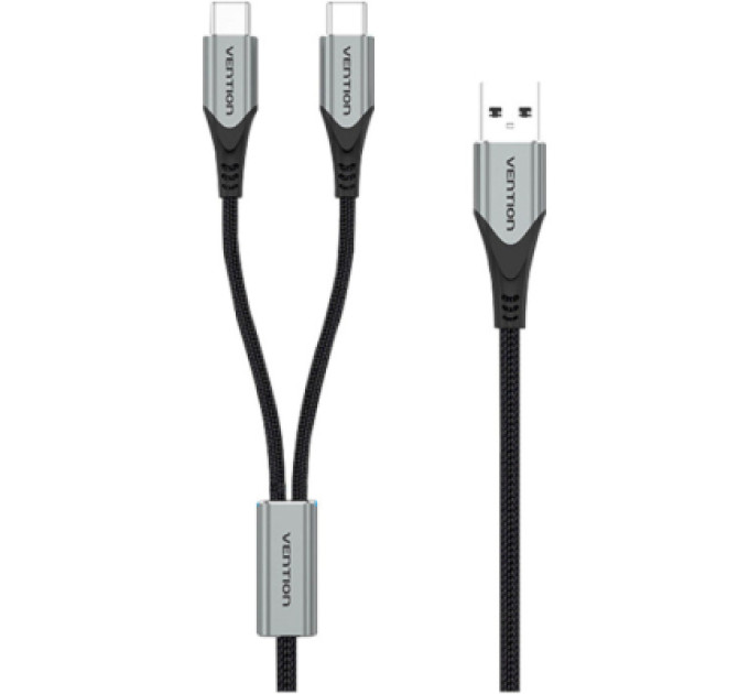 Vention Дата кабель USB 2.0 AM to 2хUSB-C M 1.0m Y-Splitter Charging Cable 2.4А 480Mbps Aluminum Al Vention (CQOHF)