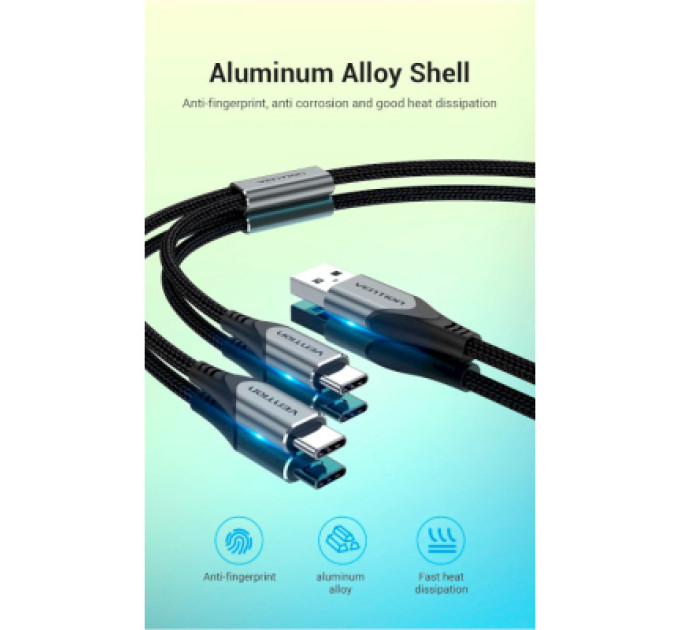Vention Дата кабель USB 2.0 AM to 2хUSB-C M 1.0m Y-Splitter Charging Cable 2.4А 480Mbps Aluminum Al Vention (CQOHF)