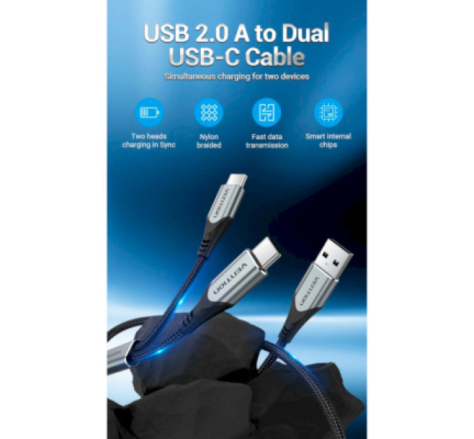 Vention Дата кабель USB 2.0 AM to 2хUSB-C M 1.0m Y-Splitter Charging Cable 2.4А 480Mbps Aluminum Al Vention (CQOHF)