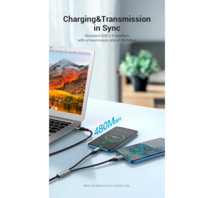 Vention Дата кабель USB 2.0 AM to 2хUSB-C M 1.0m Y-Splitter Charging Cable 2.4А 480Mbps Aluminum Al Vention (CQOHF)