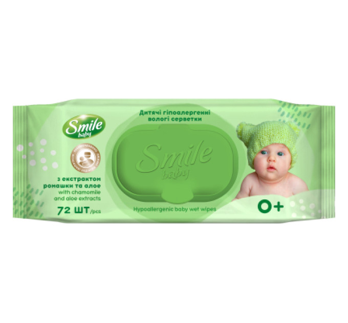 Smile baby Дитячі вологі серветки Smile baby з екстрактом ромашки, алое і вітамінним комплексом з клапаном 72 шт (4823071653984)
