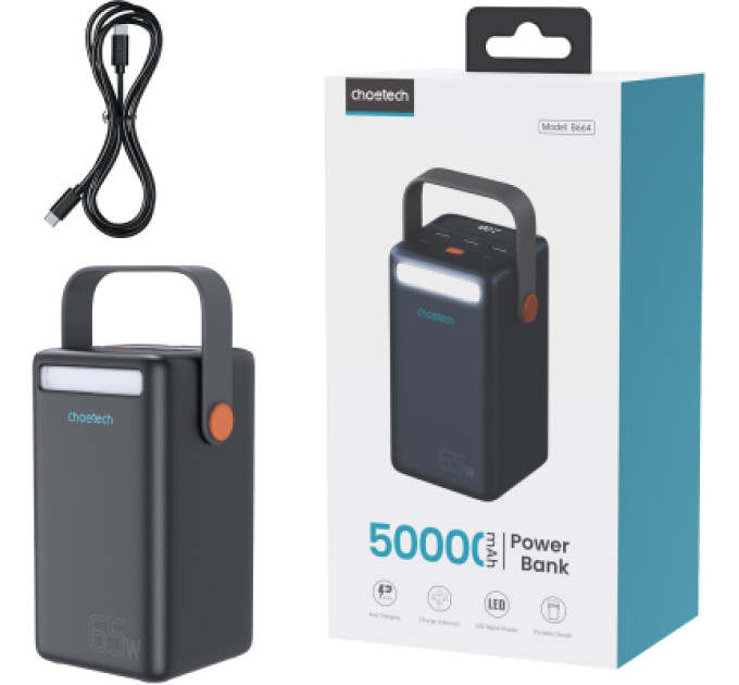 Choetech Батарея універсальна Choetech 50000mAh, PD/3.0/65W, QC/3.0/18W, USB-C, 3*USB-A, mirco USB, LED Light (B664-CCBE)