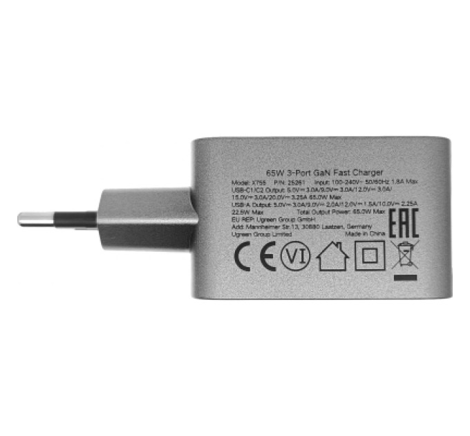 Ugreen Зарядний пристрій Ugreen 3xUSB 65W (2хUSB-C+USB-A) Gan Nexode Pro X755 (25871)