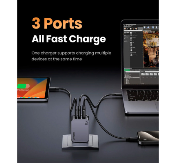 Ugreen Зарядний пристрій Ugreen 3xUSB 65W (2хUSB-C+USB-A) Gan Nexode Pro X755 (25871)