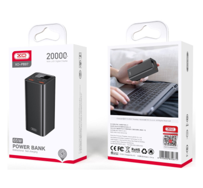 XO Батарея універсальна XO 20000mAh, PD/65W for laptop, QC/22.5W, black (PB97_Black)