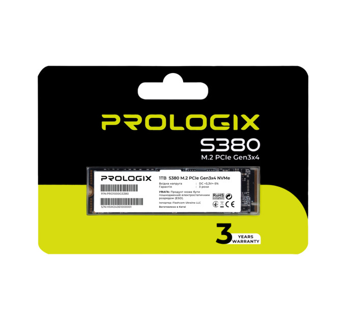 Prologix Накопичувач SSD 1TB Prologix S380 M.2 2280 PCIe 3.0 x4 NVMe TLC (PRO1000GS380)