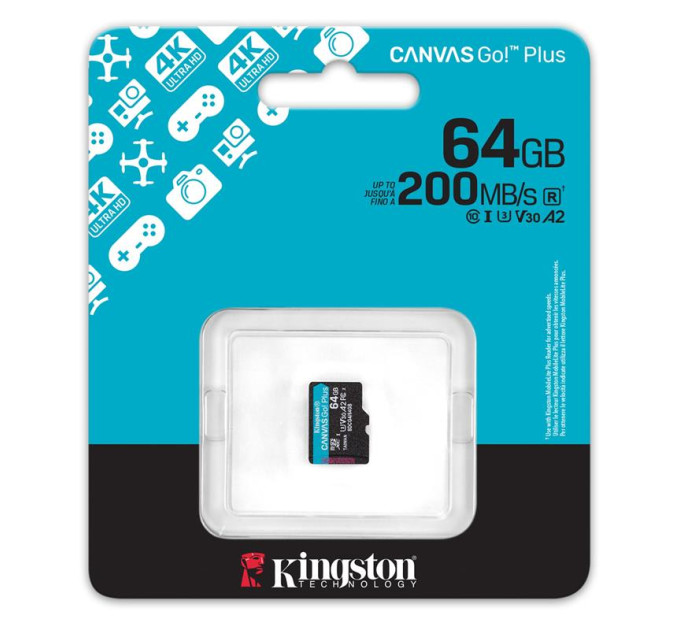 Kingston Карта пам'яті Kingston 64GB microSDXC сlass 10 UHS-I U3 V30 A2 Canvas Go Plus G4 (SDCG4/64GBSP)
