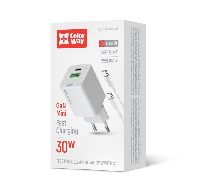 ColorWay Мережевий зарядний пристрій ColorWay GaN Mini 30W PD Port PPS USB (Type-C PD + USB QC4.0) White (CW-CHS053PDC-WT) + кабель USB Type-C