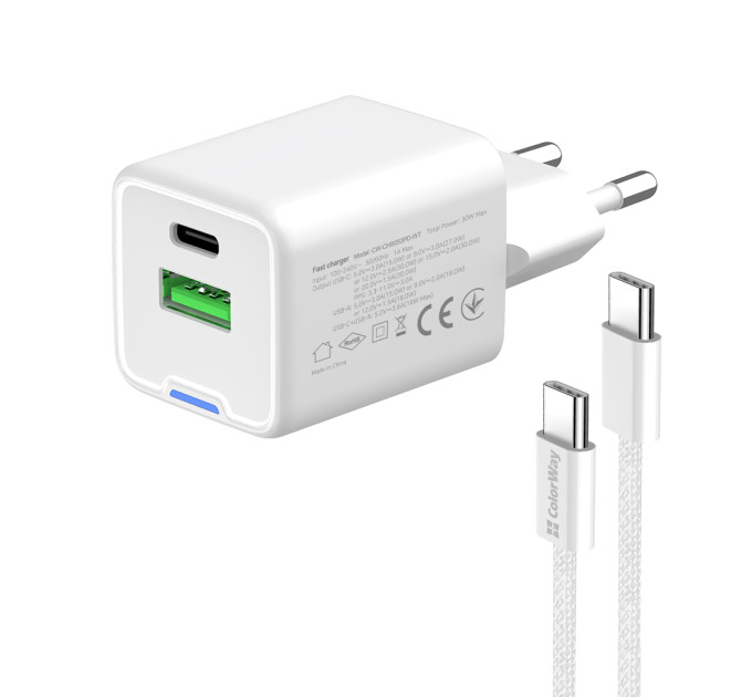 ColorWay Мережевий зарядний пристрій ColorWay GaN Mini 30W PD Port PPS USB (Type-C PD + USB QC4.0) White (CW-CHS053PDC-WT) + кабель USB Type-C