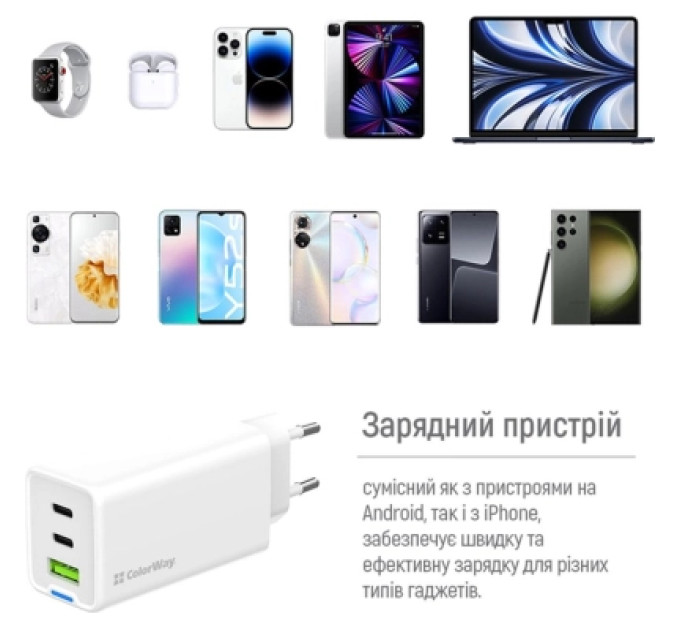 ColorWay Зарядний пристрій ColorWay GaN Mini 65W PD Port PPS USB (USB-2C1A) cable Type-C&Lightning (CW-CHS058PDCL-WT)
