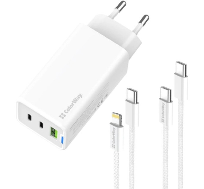 ColorWay Зарядний пристрій ColorWay GaN Mini 65W PD Port PPS USB (USB-2C1A) cable Type-C&Lightning (CW-CHS058PDCL-WT)