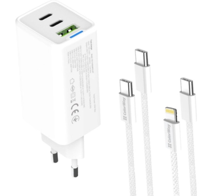 ColorWay Зарядний пристрій ColorWay GaN Mini 65W PD Port PPS USB (USB-2C1A) cable Type-C&Lightning (CW-CHS058PDCL-WT)