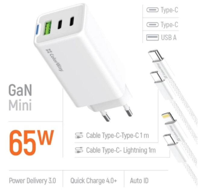 ColorWay Зарядний пристрій ColorWay GaN Mini 65W PD Port PPS USB (USB-2C1A) cable Type-C&Lightning (CW-CHS058PDCL-WT)