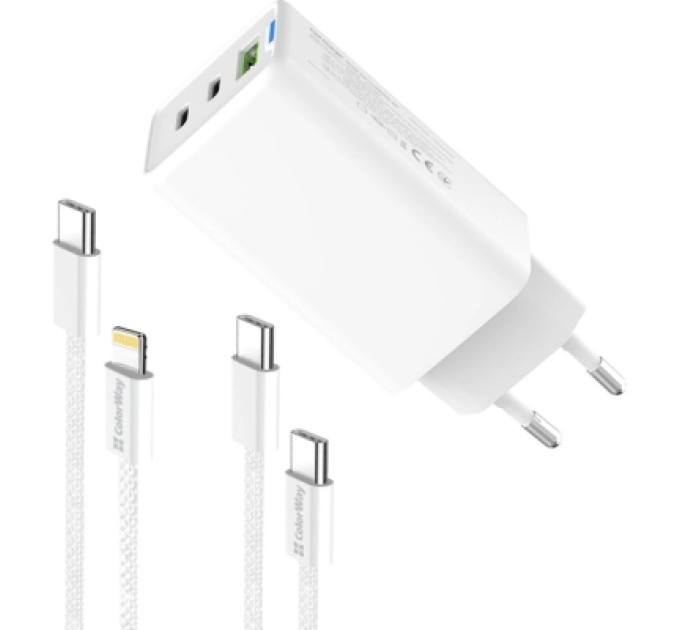 ColorWay Зарядний пристрій ColorWay GaN Mini 65W PD Port PPS USB (USB-2C1A) cable Type-C&Lightning (CW-CHS058PDCL-WT)