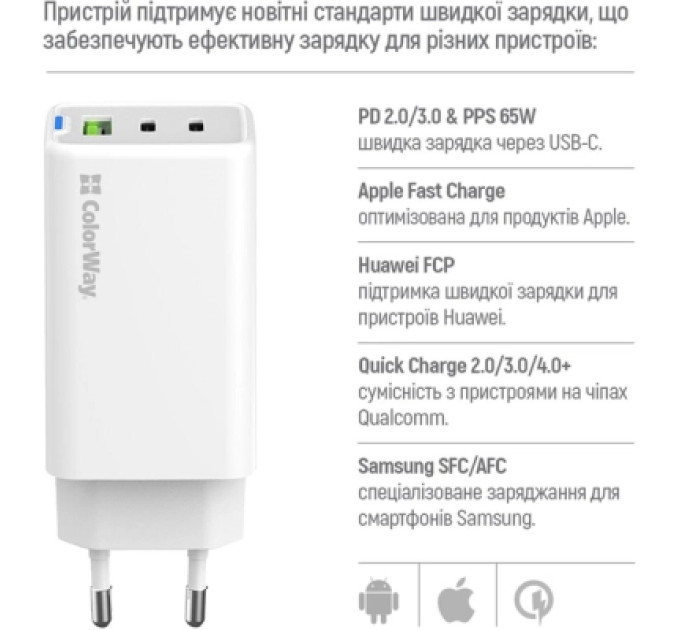 ColorWay Зарядний пристрій ColorWay GaN Mini 65W PD Port PPS USB (USB-2C1A) cable Type-C&Lightning (CW-CHS058PDCL-WT)