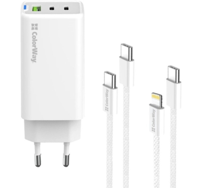 ColorWay Зарядний пристрій ColorWay GaN Mini 65W PD Port PPS USB (USB-2C1A) cable Type-C&Lightning (CW-CHS058PDCL-WT)