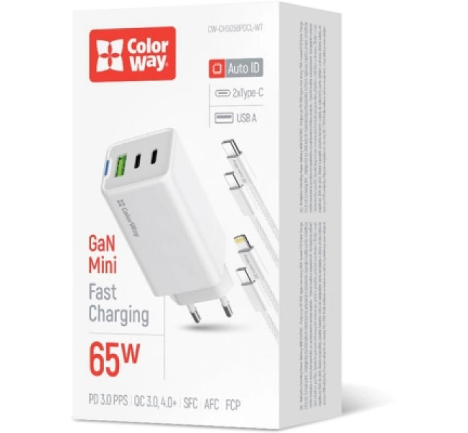 ColorWay Зарядний пристрій ColorWay GaN Mini 65W PD Port PPS USB (USB-2C1A) cable Type-C&Lightning (CW-CHS058PDCL-WT)