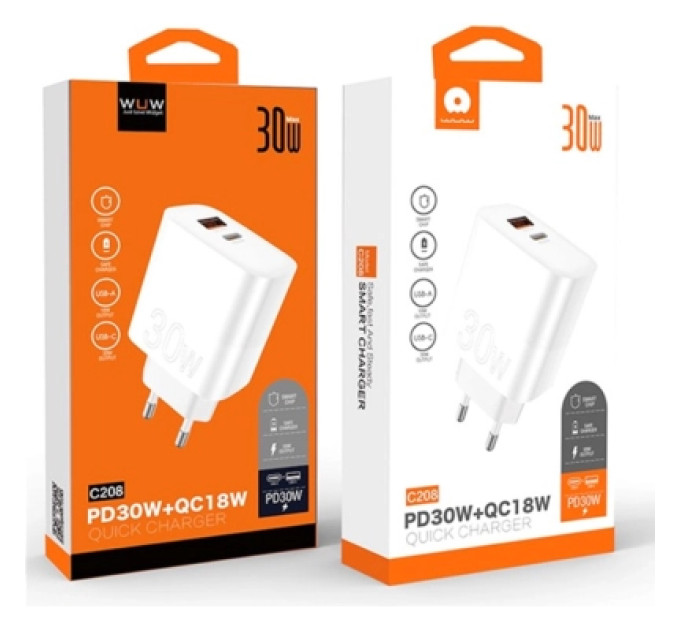WUW Зарядний пристрій WUW C208 1xUSB-C PD30W + 1xUSB QC3.0 18W White (6972573333417)