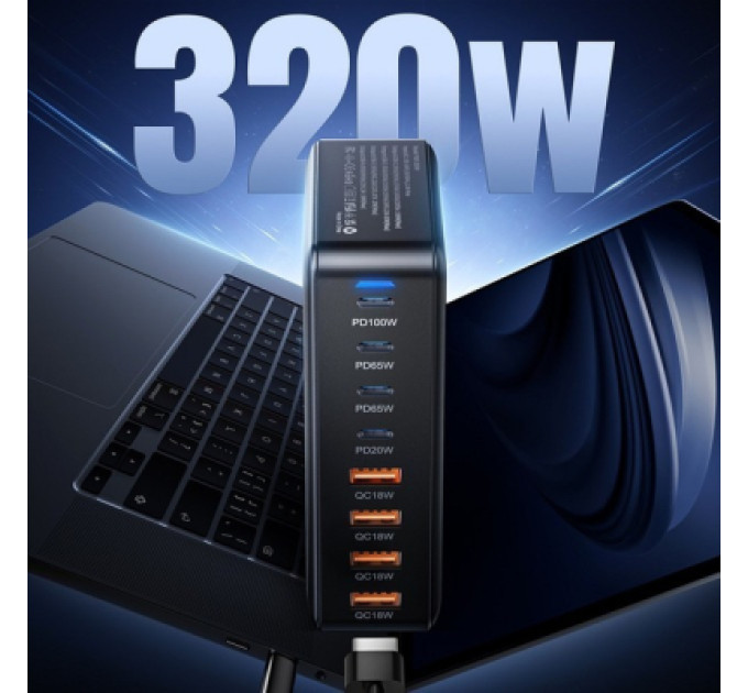 Essager Зарядний пристрій Essager 4xUSB-C + 4xUSB 320W GaN (EZC320W-QJB0G-Z)