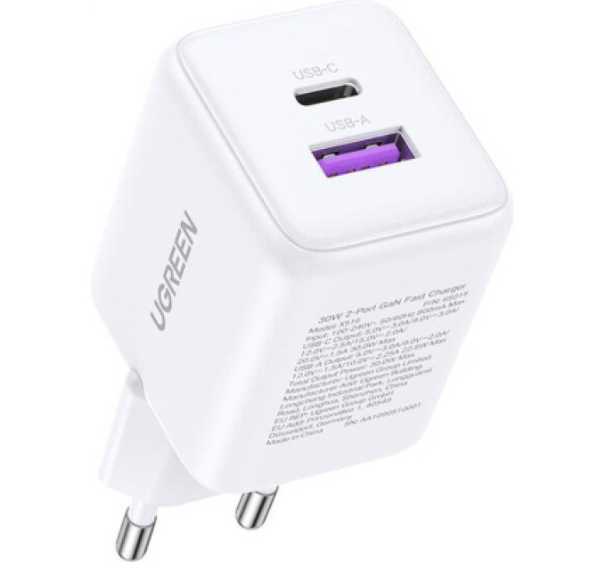 Ugreen Зарядний пристрій Ugreen USB + USB-C GaN 30W X516 white (65015)