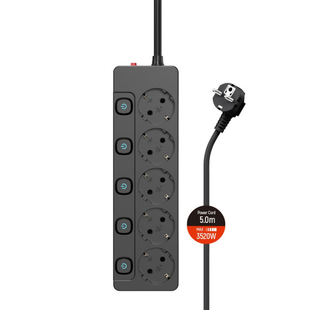 ColorWay Фільтр живлення СolorWay (CW-PSEA55SBK) 5 розеток, 5м, Black