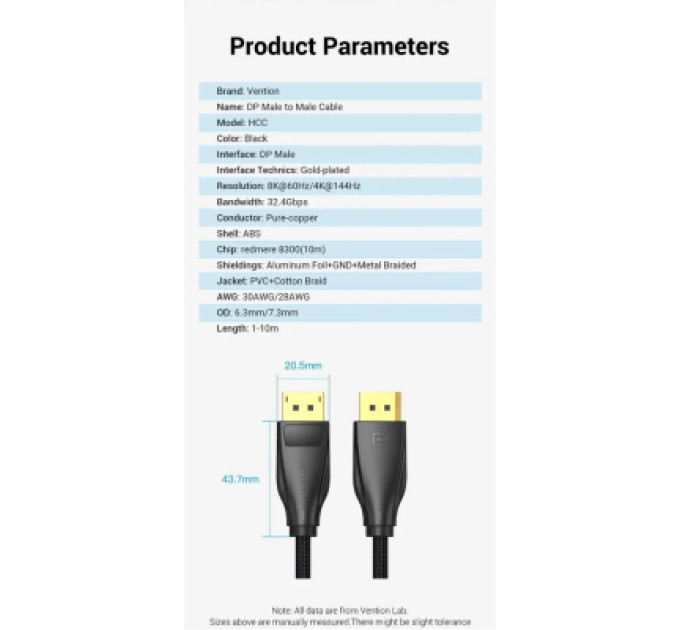 Vention Кабель мультимедійний Cotton Braided DP Male to Male Cable 2M Black VENTION (HCCBH)