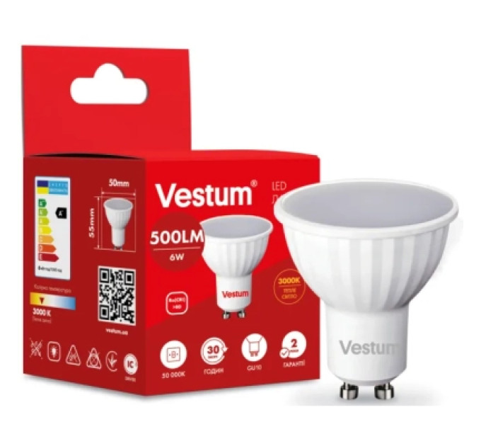 Vestum Лампочка Vestum MR16 6W 3000K 220V GU10 (1-VS-1505)