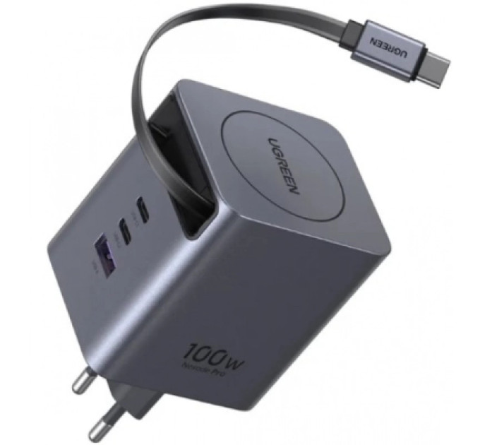 Ugreen Зарядний пристрій Ugreen USB-C PD100W GaN + cable USB-C to USB-C retractable (65828)