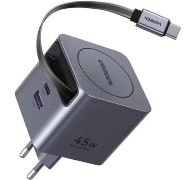 Ugreen Зарядний пристрій Ugreen USB-C PD45W GaN + cable USB-C to USB-C retractable (65822)