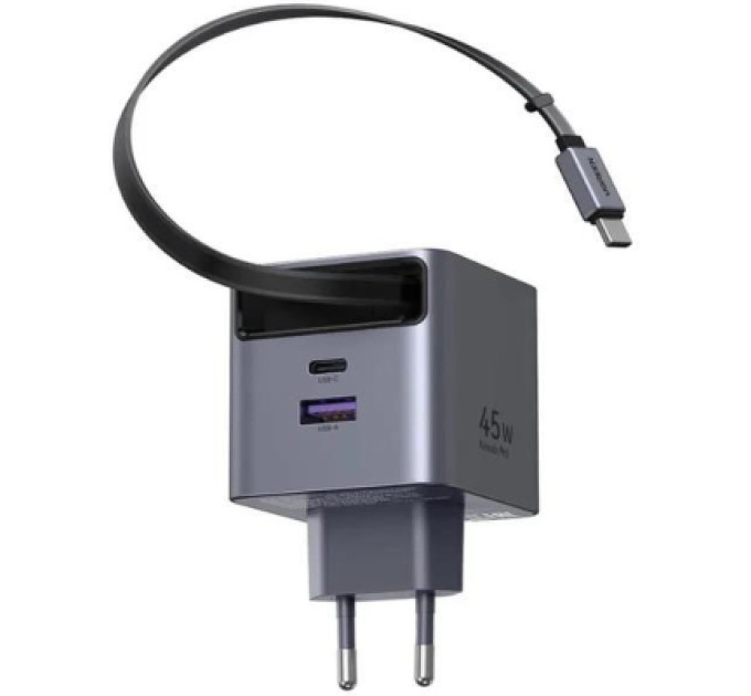 Ugreen Зарядний пристрій Ugreen USB-C PD45W GaN + cable USB-C to USB-C retractable (65822)