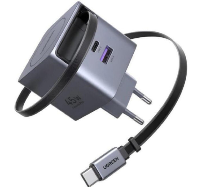 Ugreen Зарядний пристрій Ugreen USB-C PD45W GaN + cable USB-C to USB-C retractable (65822)