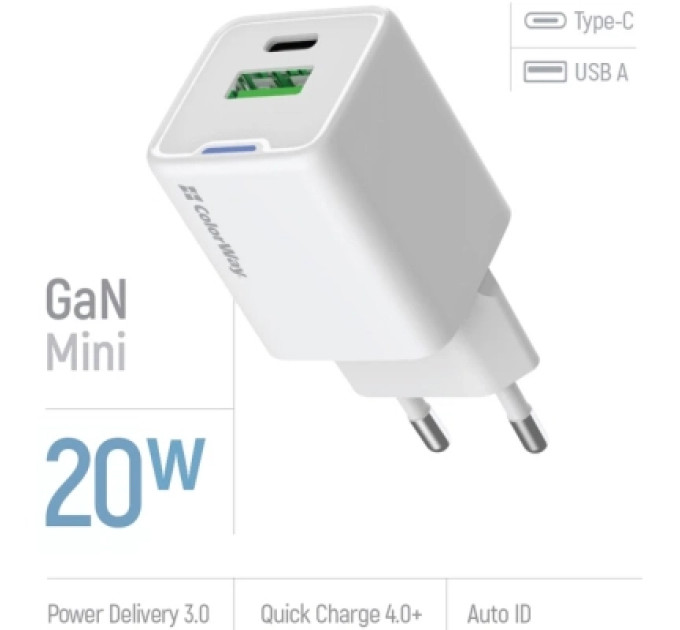 ColorWay Зарядний пристрій ColorWay USB-C PD20W + 1xUSB QC4.0 white (CW-CHS062PD-WT)