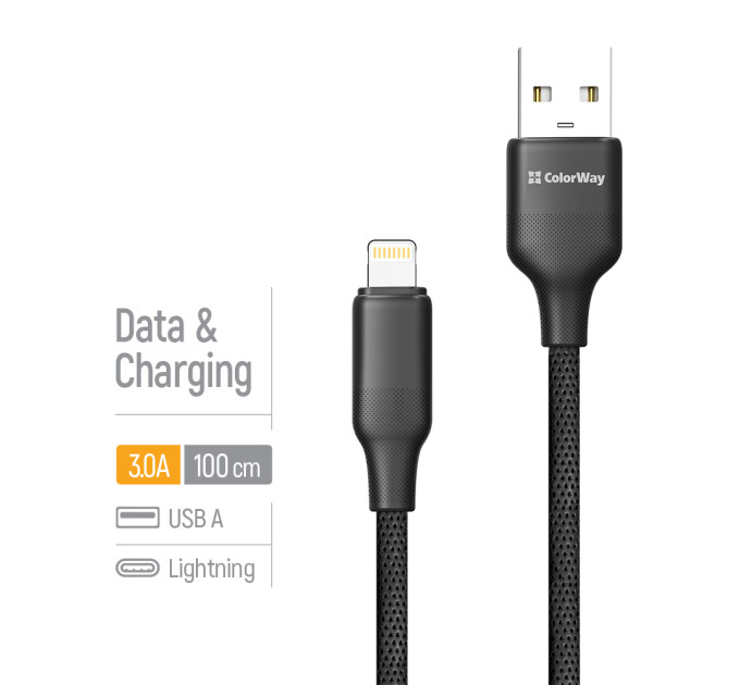 ColorWay Кабель ColorWay USB - Lightning (M/M), TPE embossed, 3А, 1 м, Black (CW-CBUL101-BK)