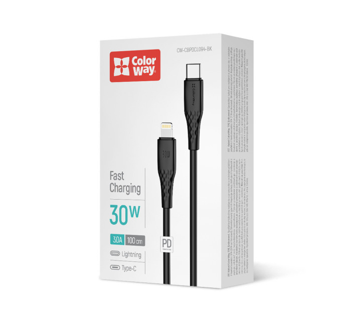 ColorWay Кабель ColorWay USB Type-C - Lightning (M/M), textured PVC, 3А, 1 м, Black (CW-CBPDCL094-BK)