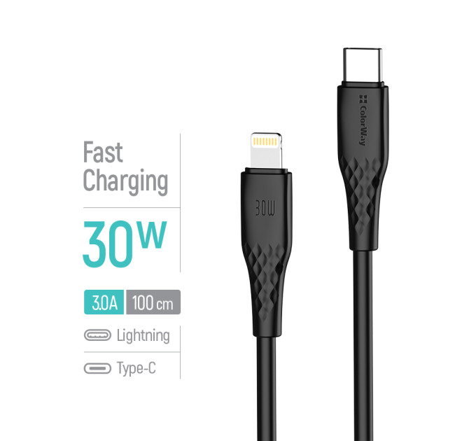 ColorWay Кабель ColorWay USB Type-C - Lightning (M/M), textured PVC, 3А, 1 м, Black (CW-CBPDCL094-BK)