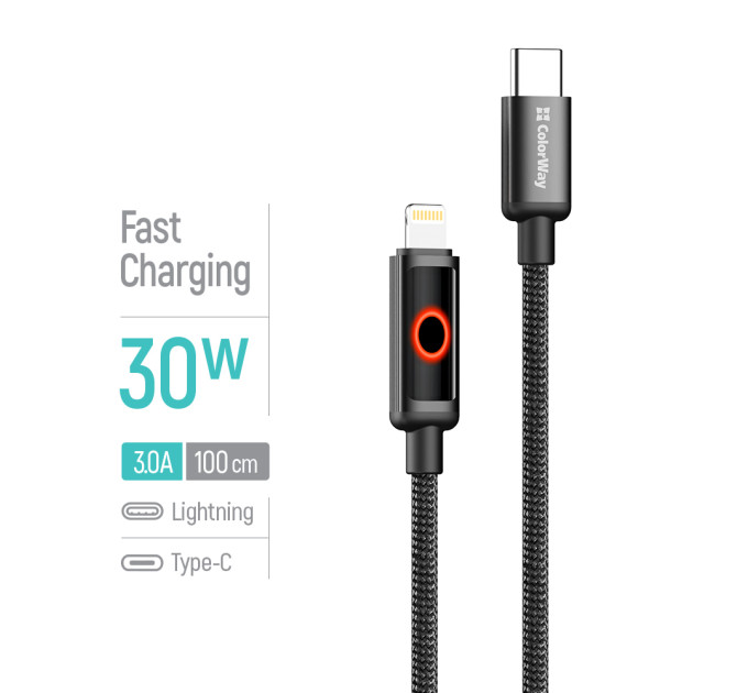ColorWay Кабель ColorWay USB Type-C - Lightning (M/M), Breathing Light, 3А, 1 м, Black (CW-CBPDCL103-BK)