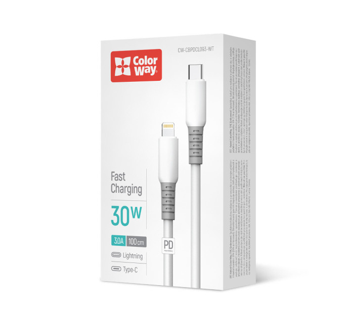 ColorWay Кабель ColorWay USB Type-C - Lightning (M/M), liquid silicone, 3А, 1 м, White (CW-CBPDCL093-WT)