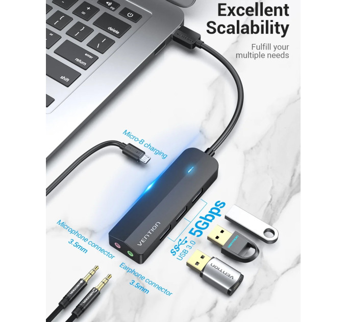 Vention Концентратор Vention USB 3.0 to 3хUSB 3.0/2хTRS Audio/USB Micro 1.0m (CHIBF)