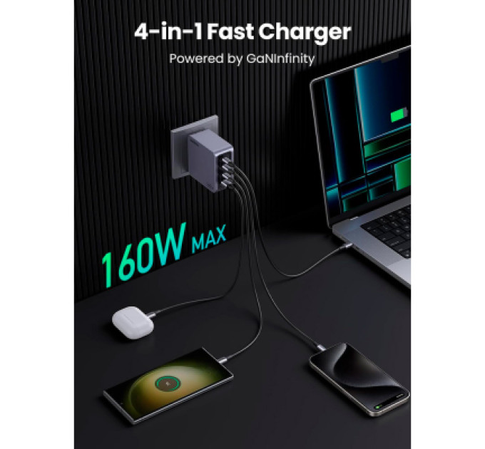 Ugreen Зарядний пристрій Ugreen 4xUSB 160W (3xUSB-C + USB-A) Gan Nexode Pro X763 (25877)